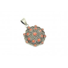 Handmade Pendant Antique Nepal Temple 925 Sterling Silver Natural Coral Gemstone